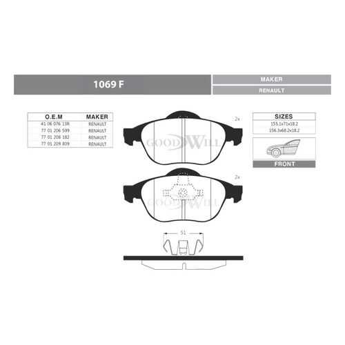 Комплект тормозных колодок, дисковый тормоз GOODWILL 1069 F в Автодок